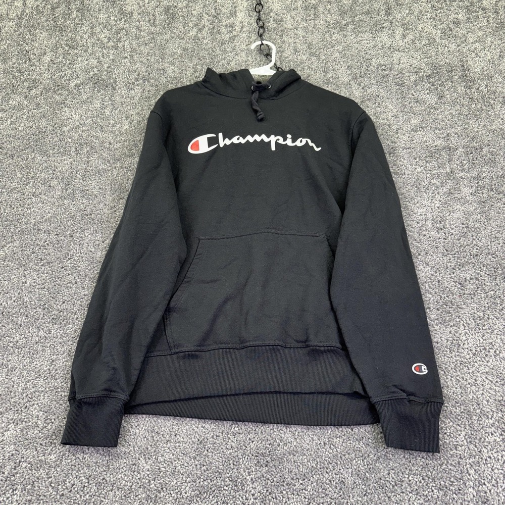 Champion Hoodie Mens Medium Black Fleece Pullover Script Logo Kangaroo Pocket